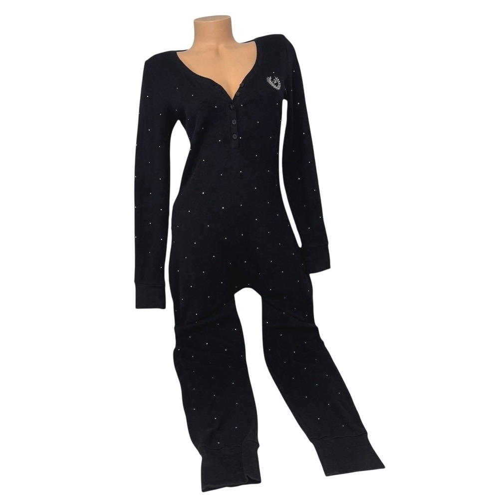 Victoria's‎ Secret PINK MEDIUM Black Rhinestone Logo One Piece Pajama Jumpsuit